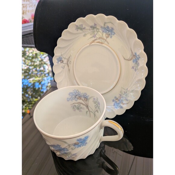 Haviland Limoges Bergere France Tea Cup & Saucer 1990 Blue Floral China Gold - Picture 4 of 13